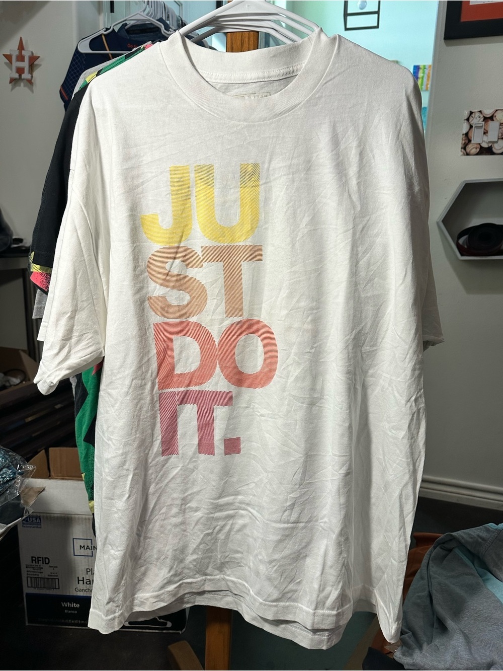 Nike White Tee with Yellow, Orange & Pink 'JUST DO IT.'